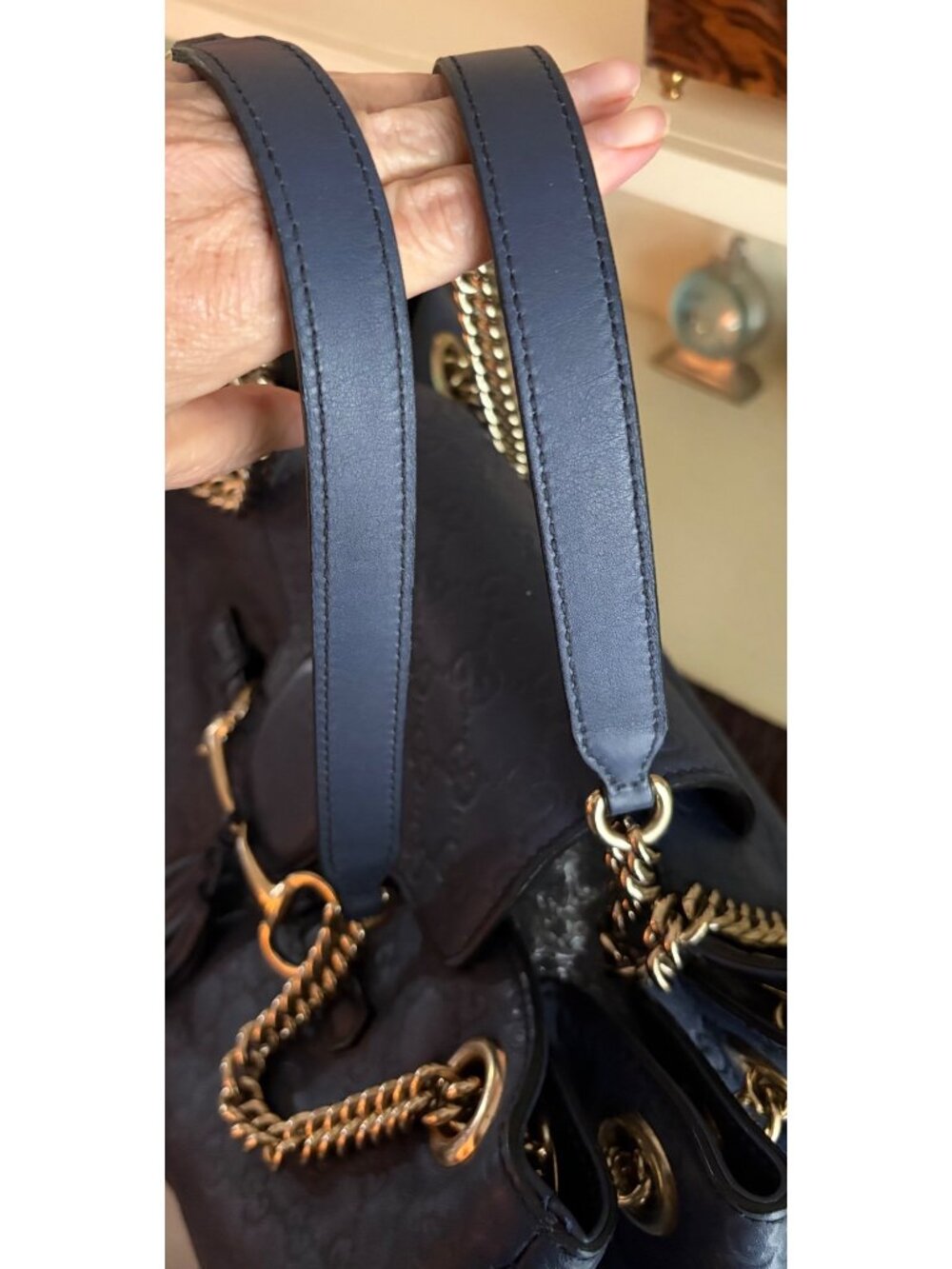 GUCCI Guccissima GG Monogram Leather Emily Navy Blue Hobo Chain Link Flap Bag - Picture 7 of 16